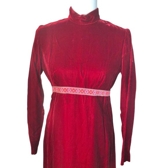 Vintage 1970s Red Velvet LS Empire Waist Maxi Dress Embroidered Waistband - Picture 5 of 12